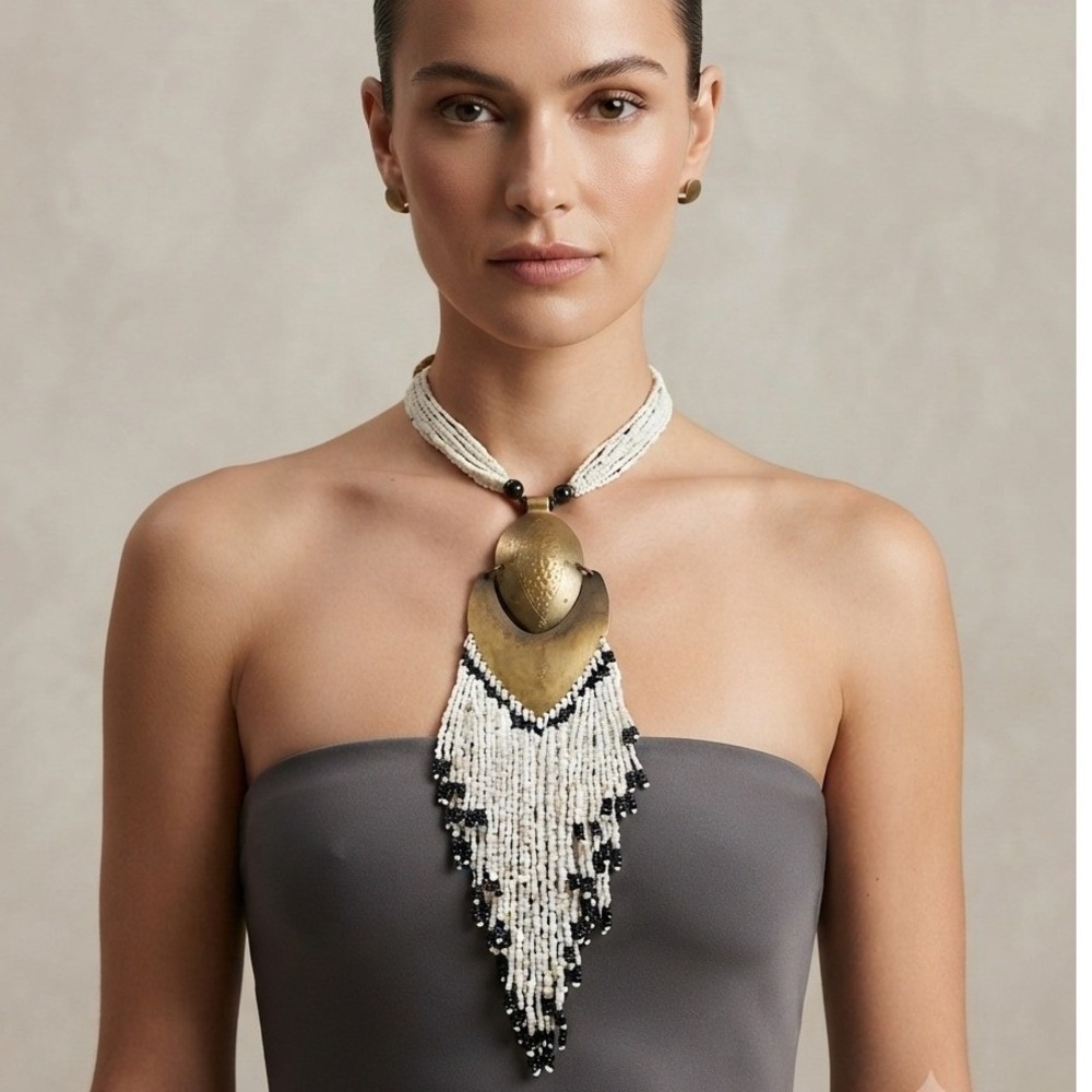 African Beaded Fringe Statement Necklace Womens White Black Brass  Boho Western